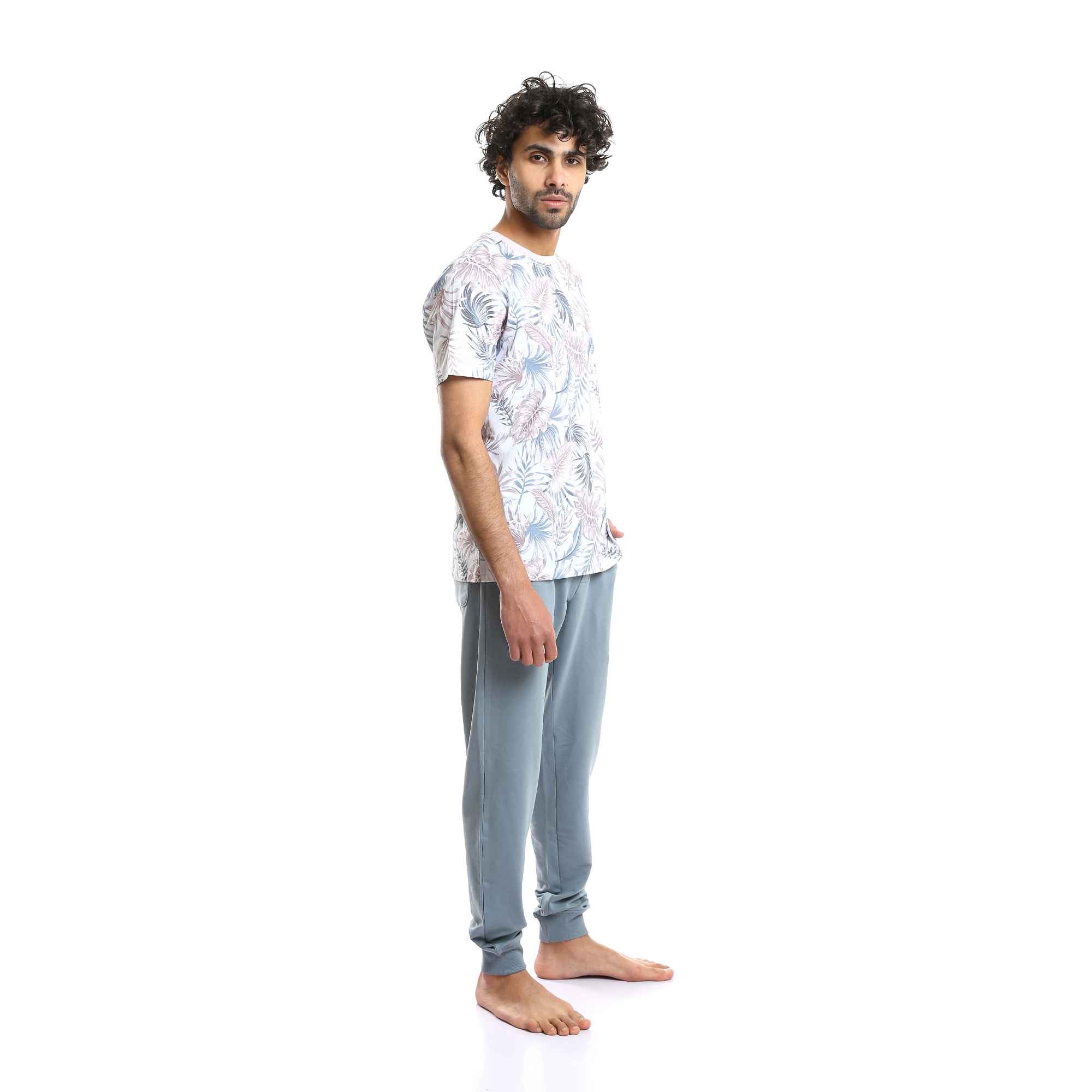 Round Tropical Leaves Tee & Solid Pants Pajama Set - Multicolour