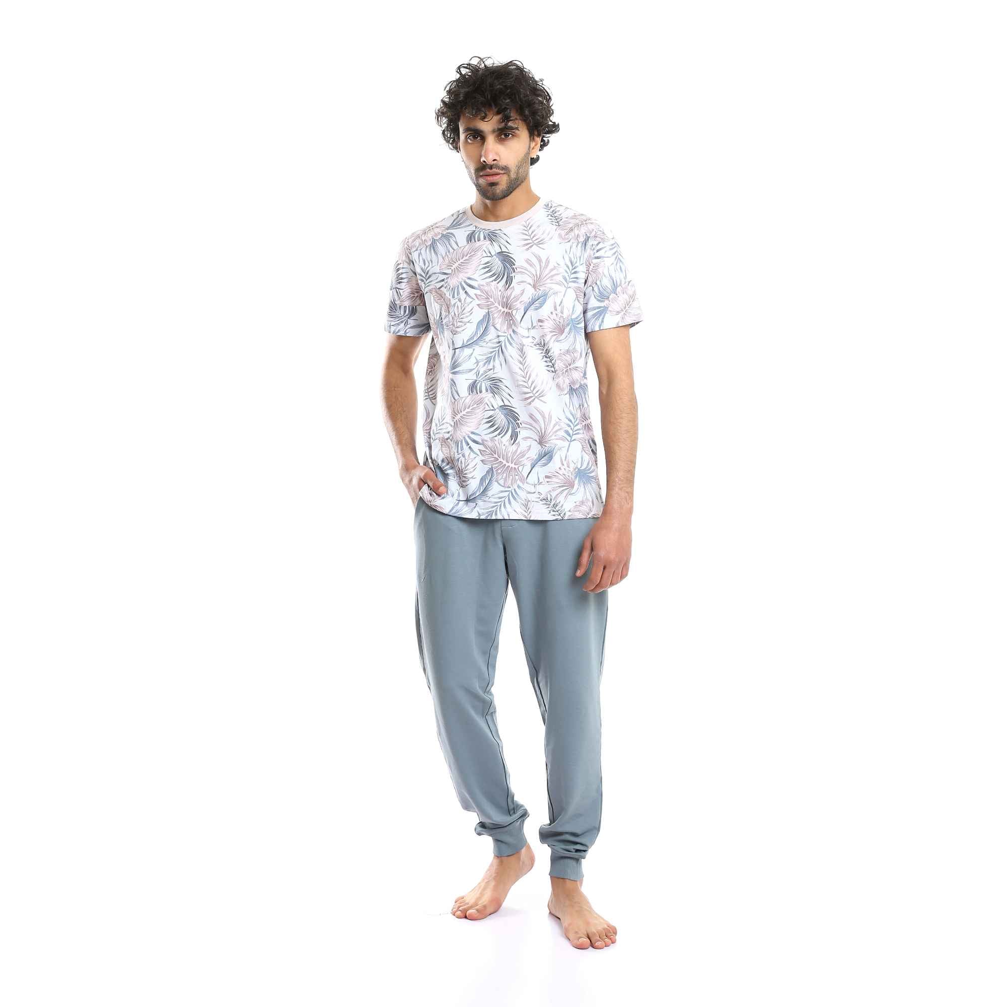 Round Tropical Leaves Tee & Solid Pants Pajama Set - AQUA