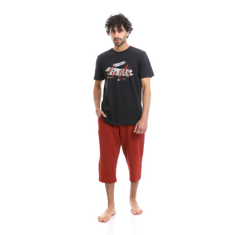 "Stay Strong" Short Sleeves Tee & Solid Pants Pajama Set - Multicolour