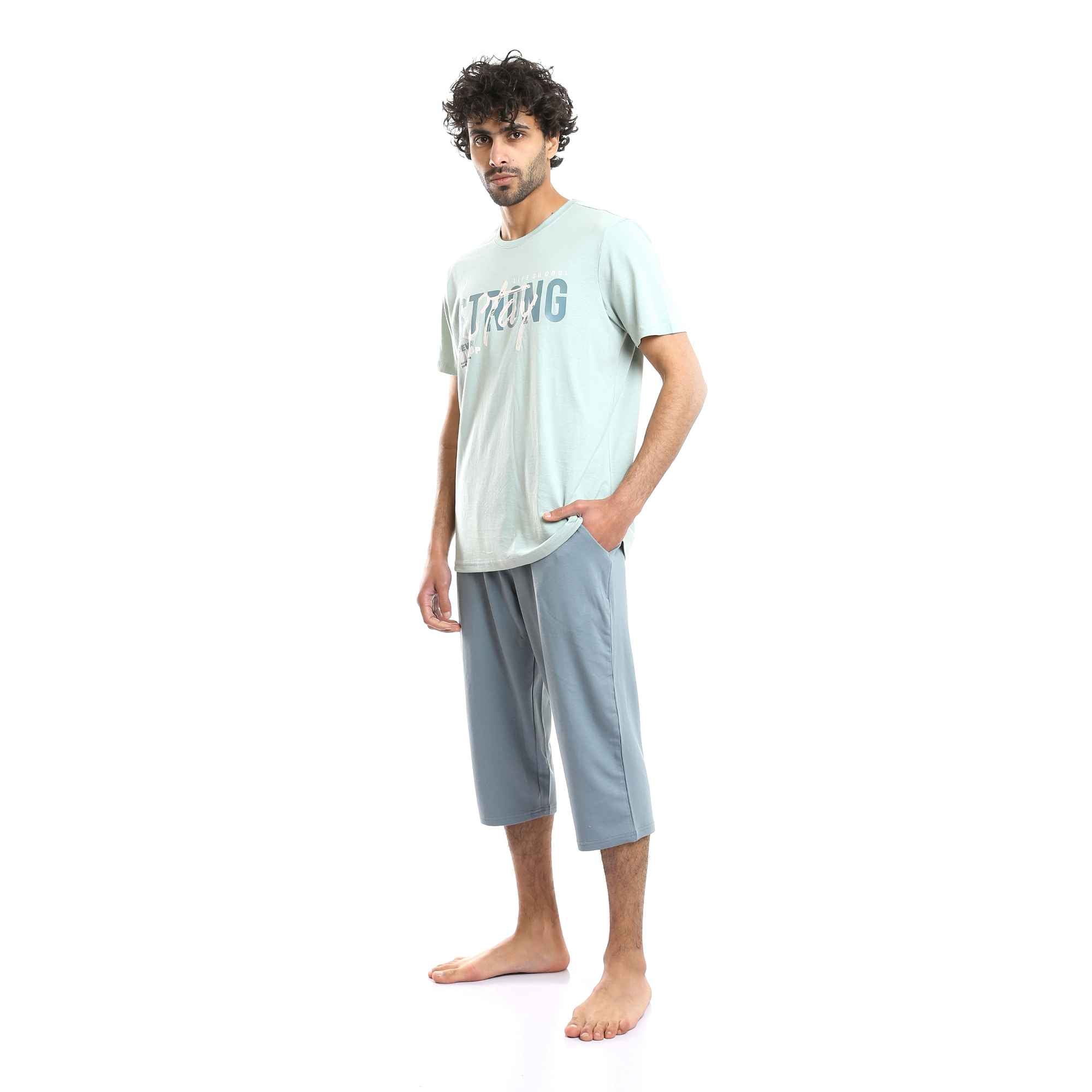 "Stay Strong" Short Sleeves Tee & Solid Pants Pajama Set - Multicolour