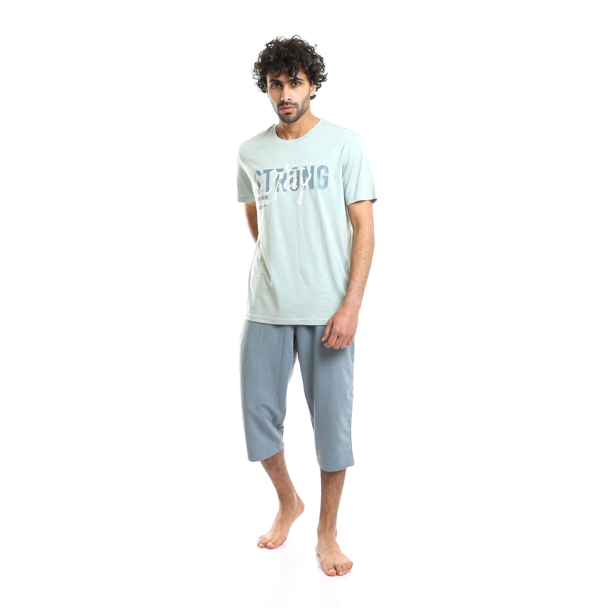 "Stay Strong" Short Sleeves Tee & Solid Pants Pajama Set - Multicolour
