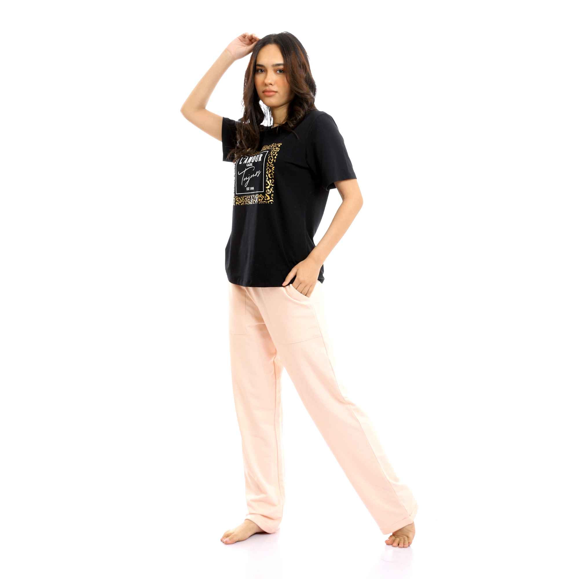Slip On Printed Black Tee & Simon Solid Pants Pajama Set