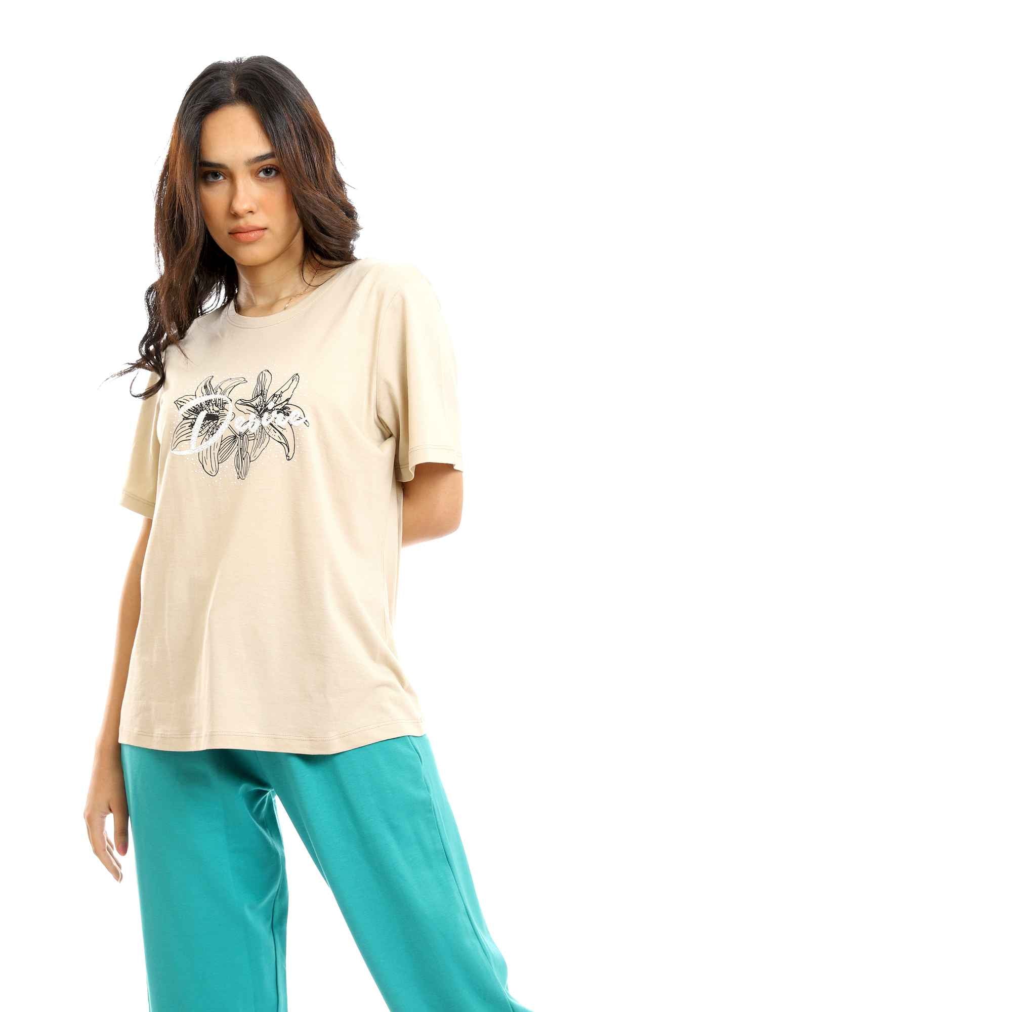 Printed "Desire" Beige Tee & Tiffany Pants Pajama Set