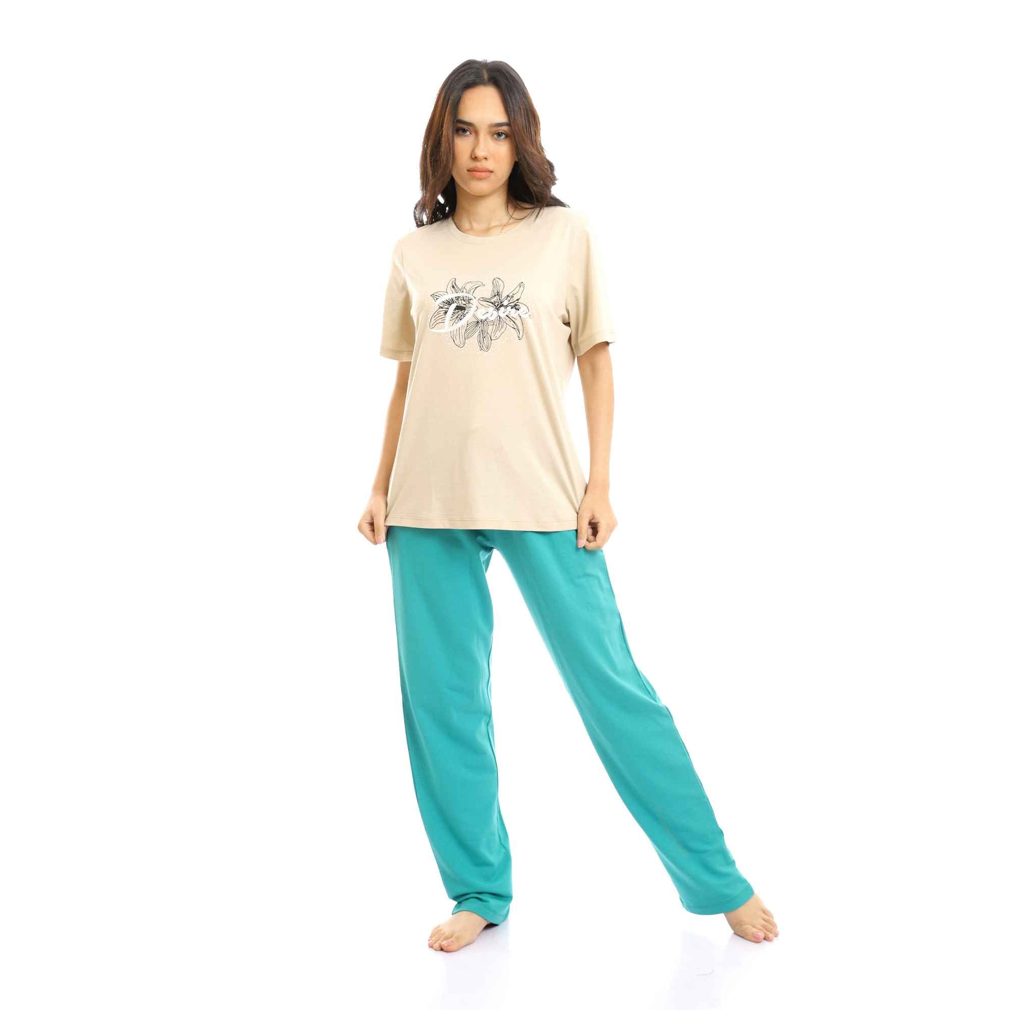 Printed "Desire" Beige Tee & Tiffany Pants Pajama Set