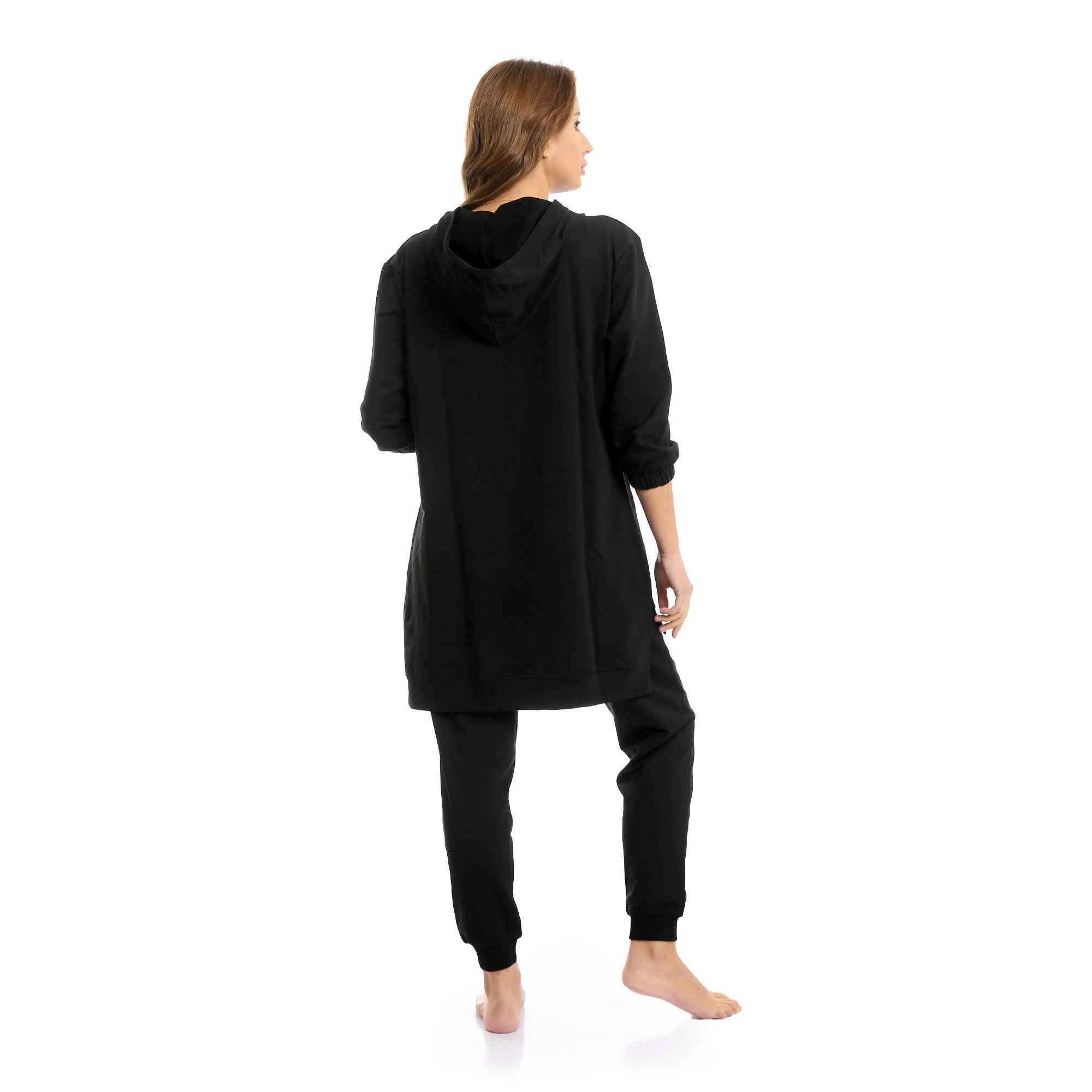 Long Hoodie with Kangaroo Pocket & Cotton Pants Pajama Set - Black