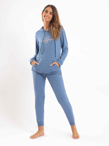 Long Hoodie with Kangaroo Pocket & Cotton Pants Pajama Set - Cornflower Blue