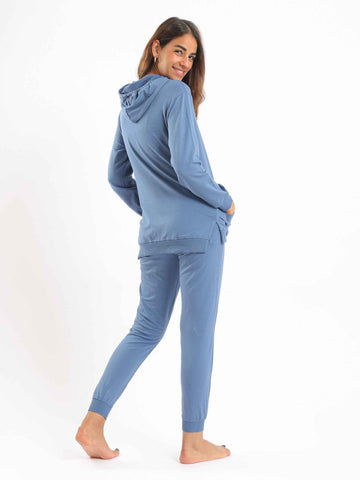 Long Hoodie with Kangaroo Pocket & Cotton Pants Pajama Set - Cornflower Blue