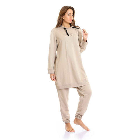 Long Hoodie with Hem & Solid Pants Pajama Set - Latte