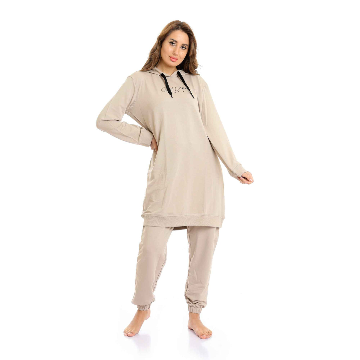 Long Hoodie with Hem & Solid Pants Pajama Set - Latte