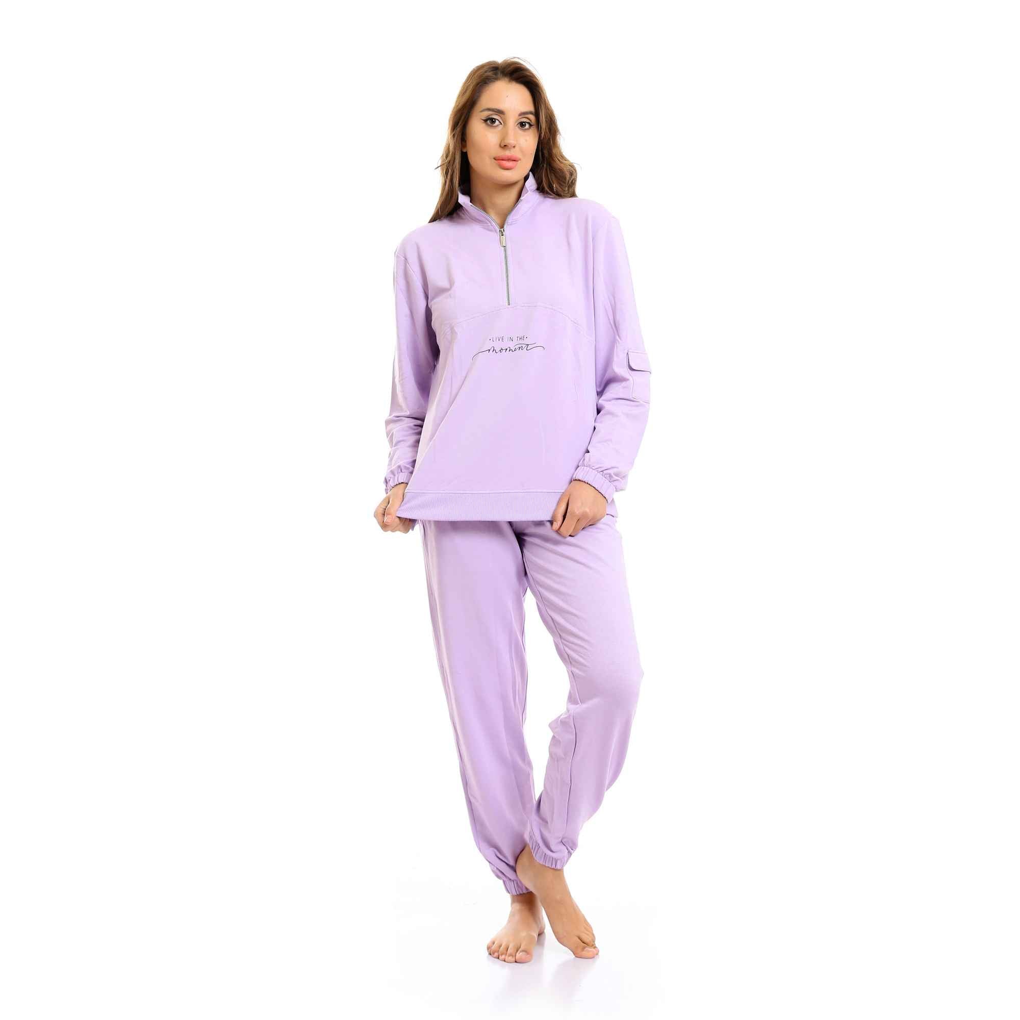 Zipped Neck Sweatshirt & Cotton Pants Pajama Set - Mauve