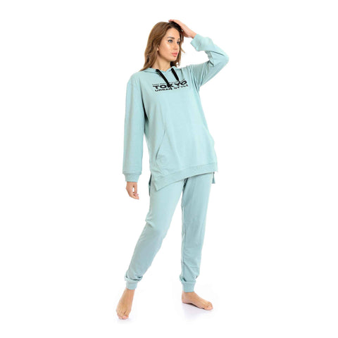 Printed "Tokyo" Long Hoodie & Pants Pajama Set - Mint