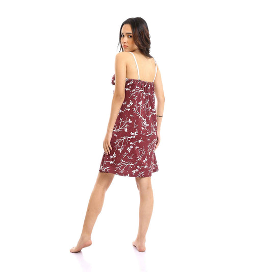 Deep V-Neck Patterned Slip On Nightgown - Maroon