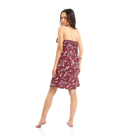 Deep V-Neck Patterned Slip On Nightgown - Maroon