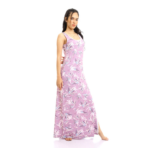 Patterned Sleeves Long Nightgown with Side Slit-LIGT Purple