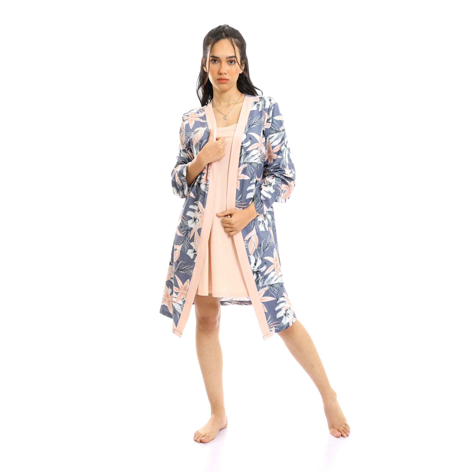 Simon Solid Short Nightgown & Colorful Floral Robe Set