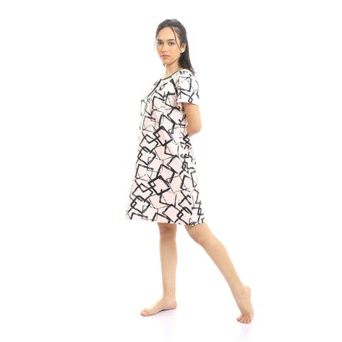 Buttoned Deep Round Neck Squares Short Nightgown - Café