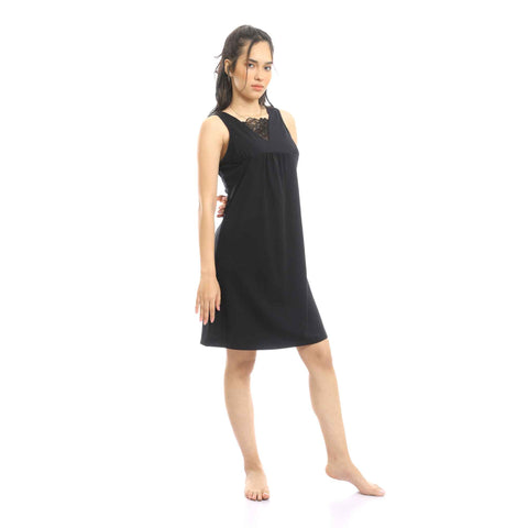 Sleeveless Short Nightgown with Lace Chest - Black