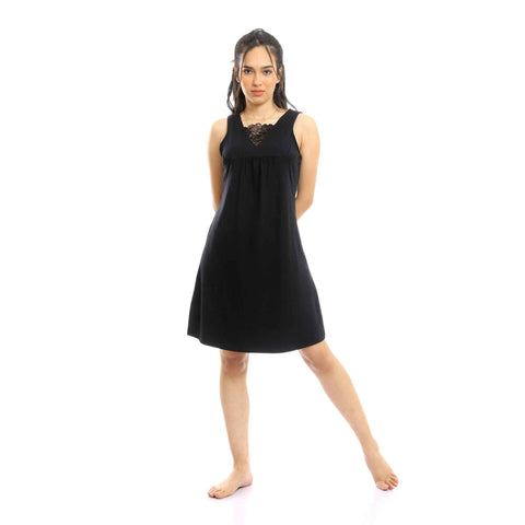 Sleeveless Short Nightgown with Lace Chest - Black