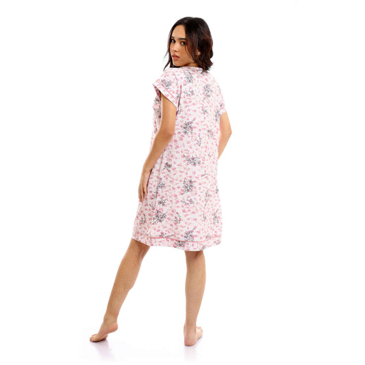 Floral & Striped Short Nightgown with Pocket - Multicolour