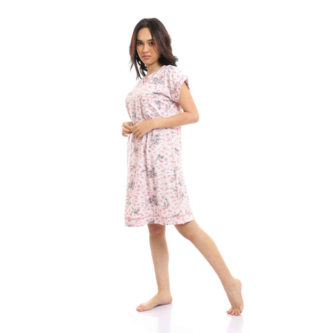 Floral & Striped Short Nightgown with Pocket - Multicolour