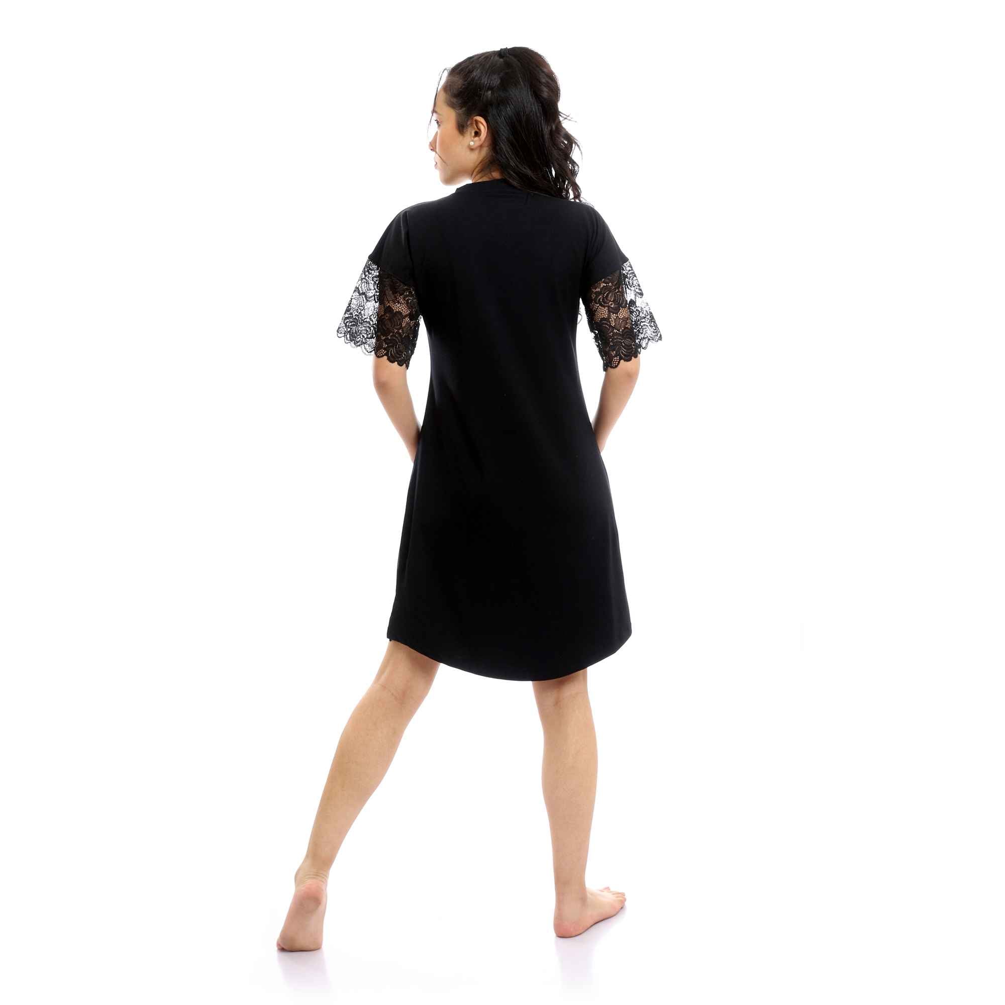 V - Neck Printed Black Nightgown With Lace Sleeves