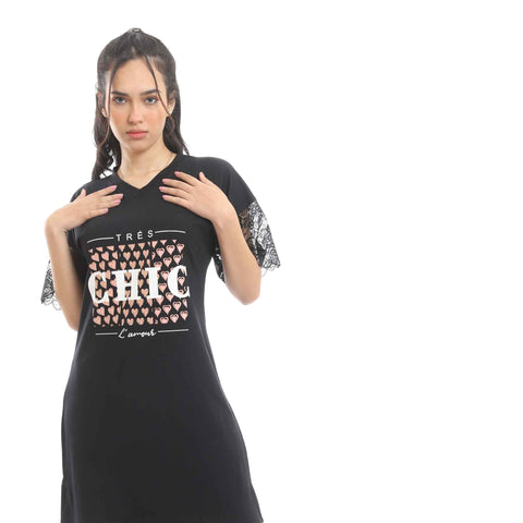 V-Neck Printed Black Nightgown with Lace Sleeves