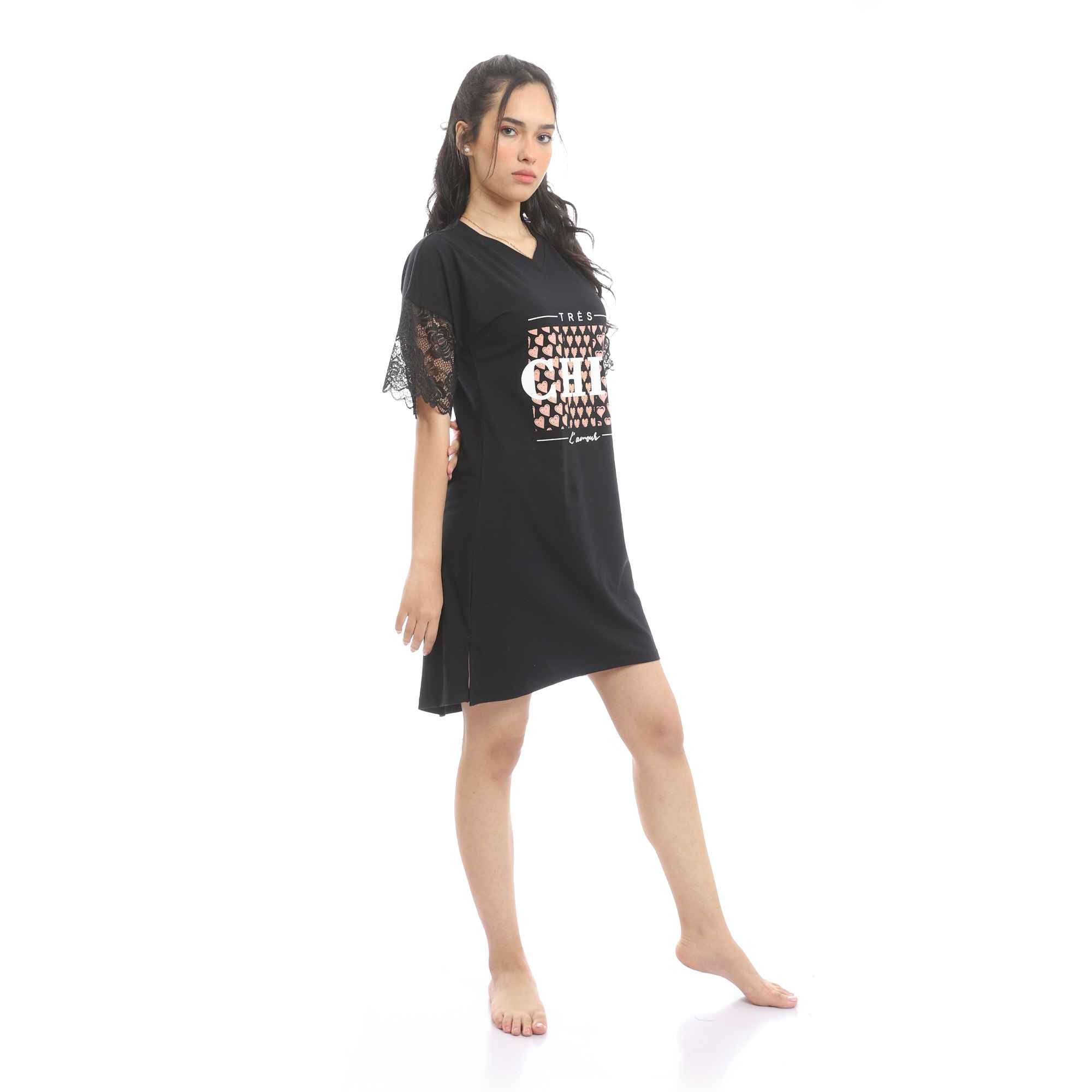V - Neck Printed Black Nightgown With Lace Sleeves