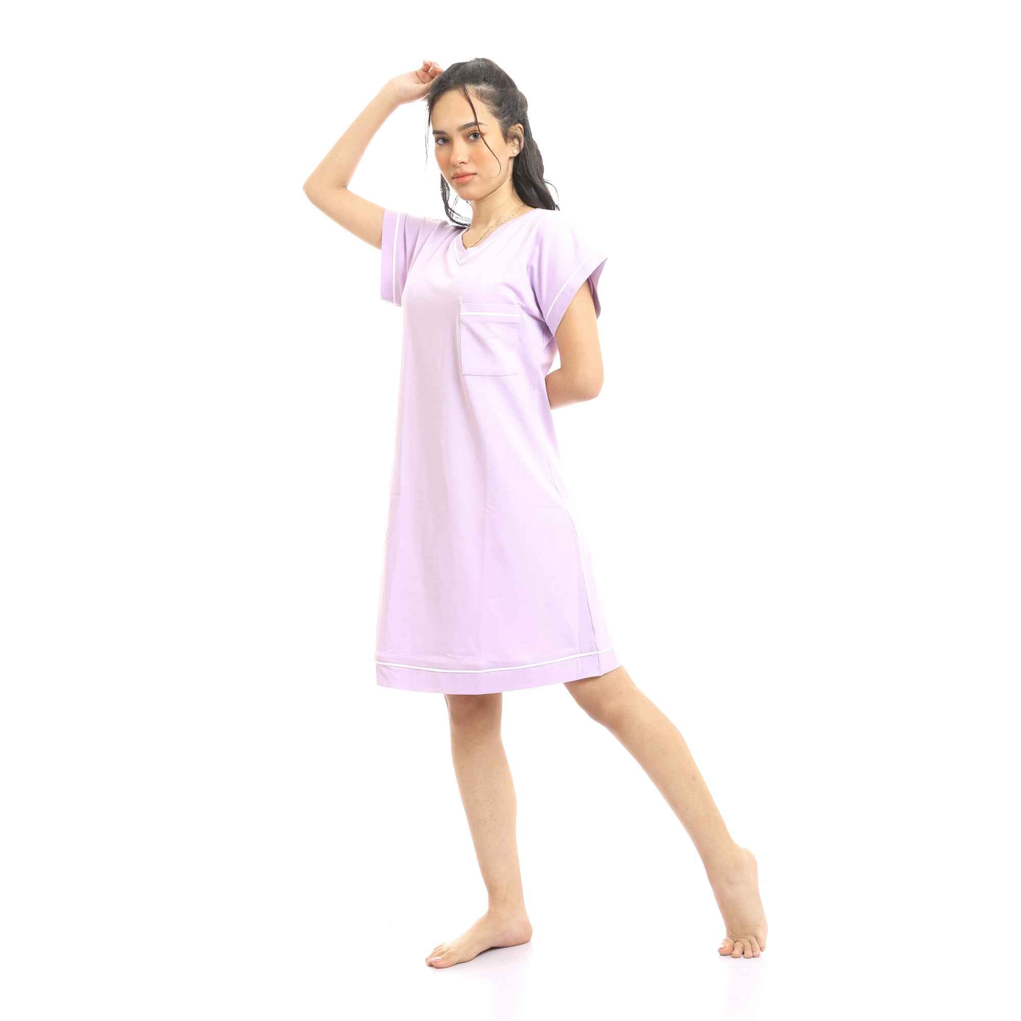 V-Neck Short Sleeves Classic Short Nightgown - Light Purple