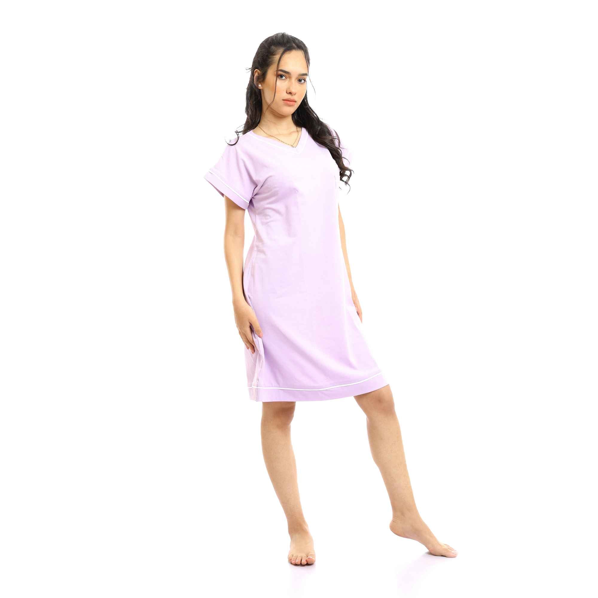 V-Neck Short Sleeves Classic Short Nightgown - Light Purple