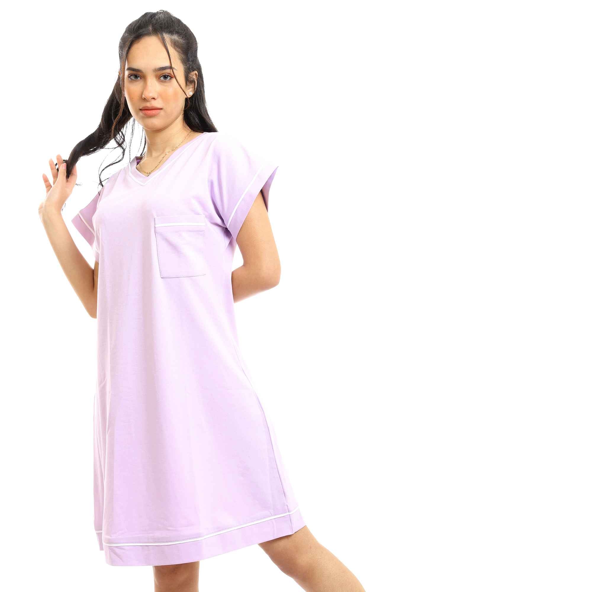 V-Neck Short Sleeves Classic Short Nightgown - Light Purple