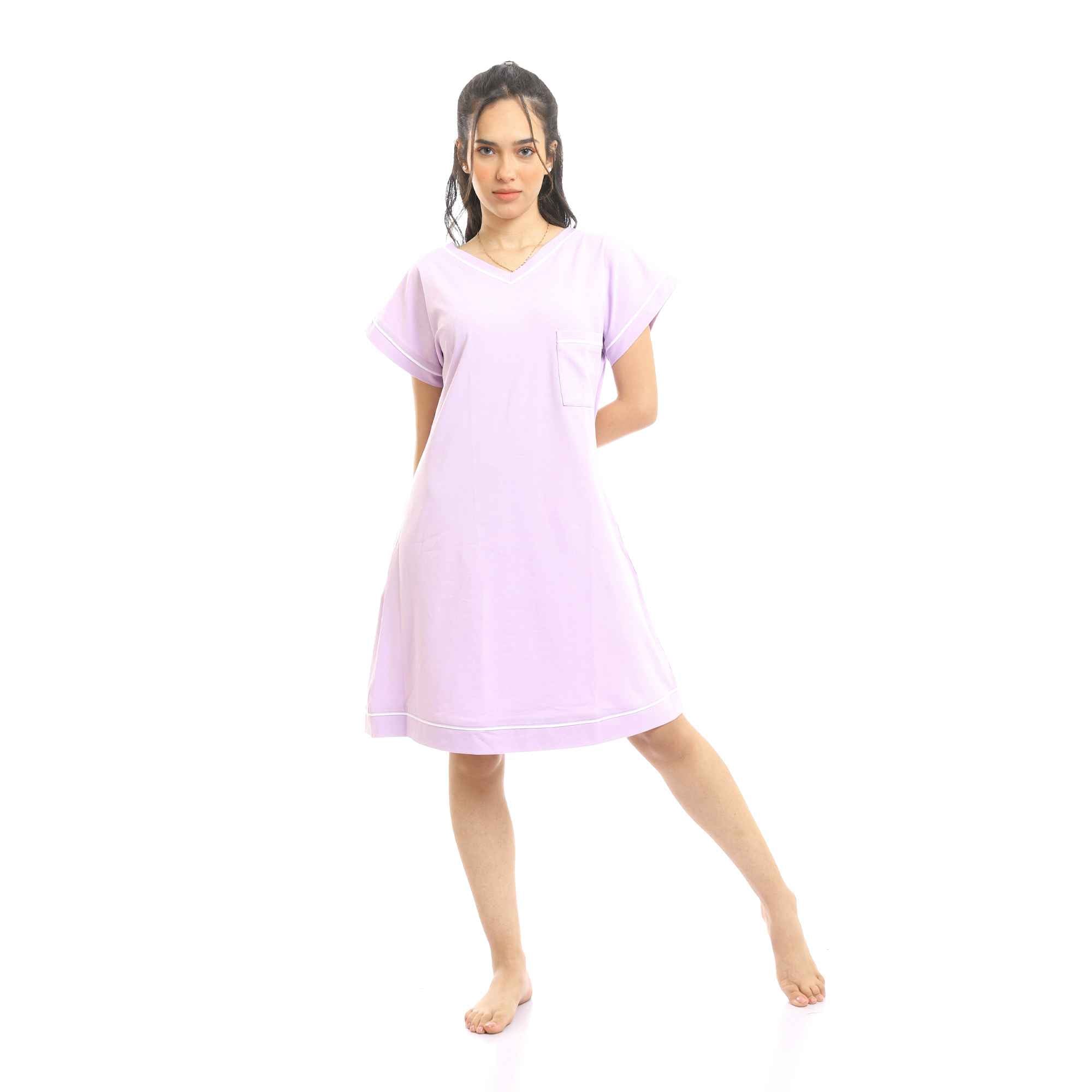 V-Neck Short Sleeves Classic Short Nightgown - Light Purple