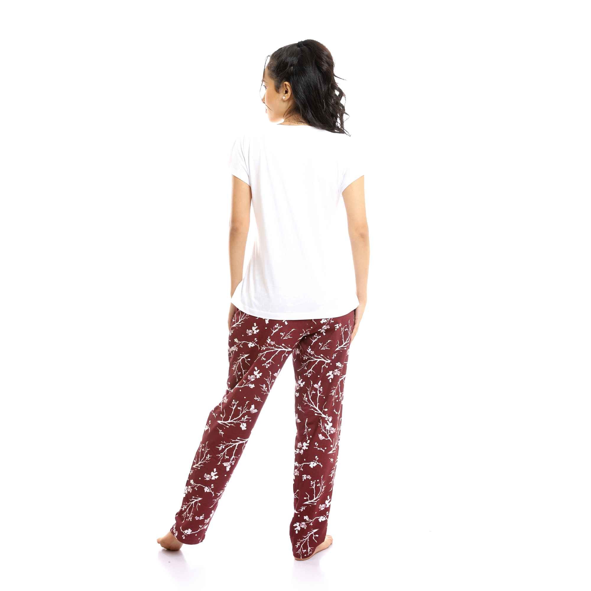 Deep Round Tee & Floral Pants Pajama Set - White & Maroon