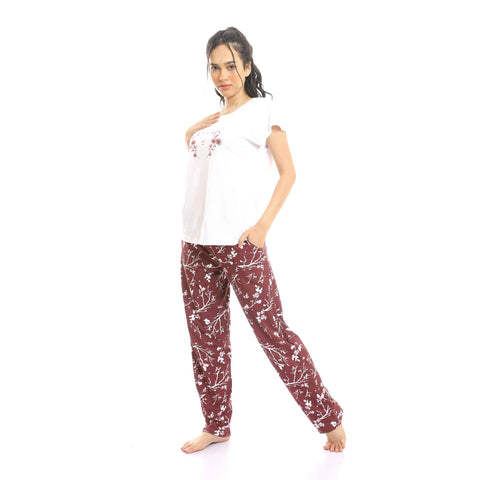 Deep Round Tee & Floral Pants Pajama Set - White & Maroon