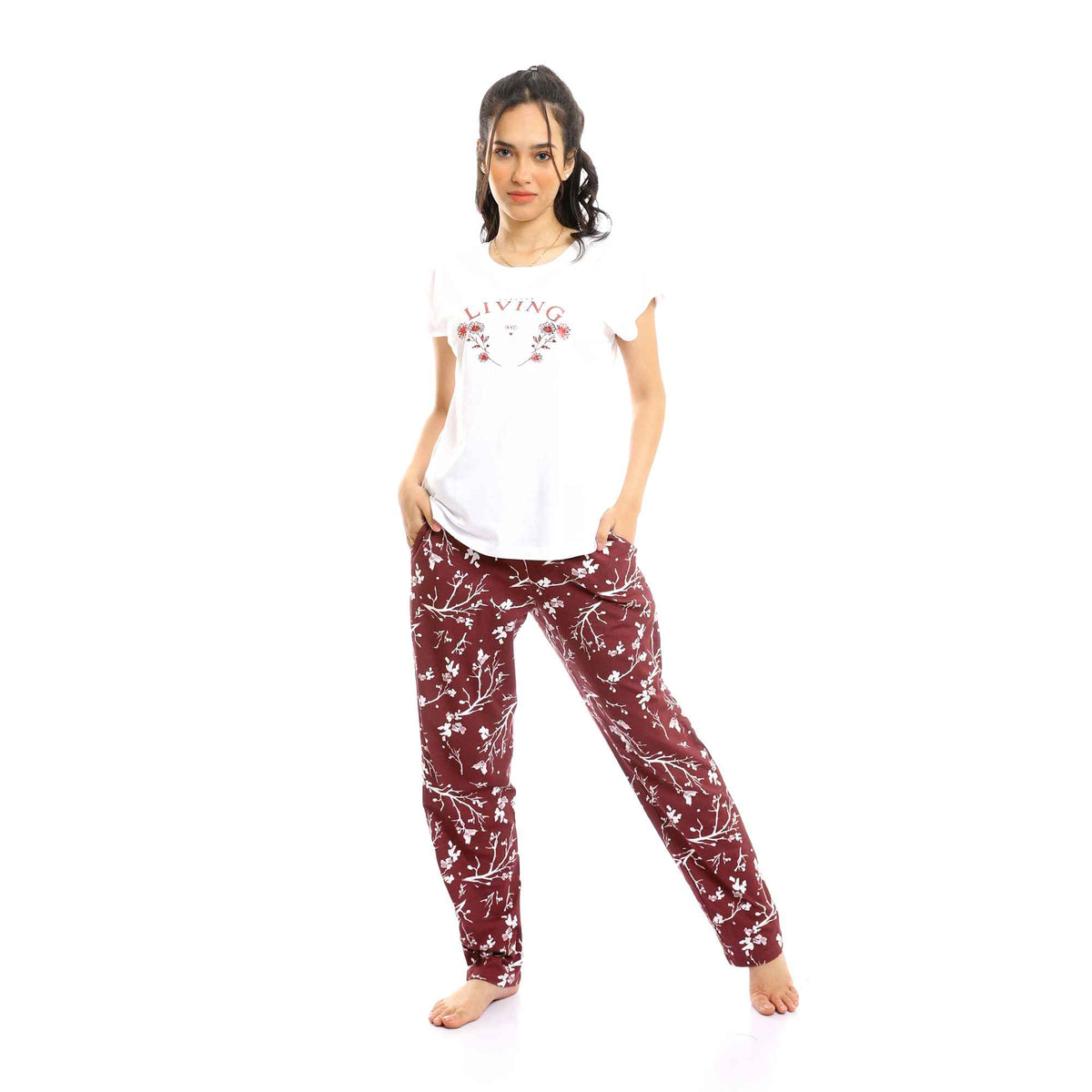 Deep Round Tee & Floral Pants Pajama Set - White & Maroon