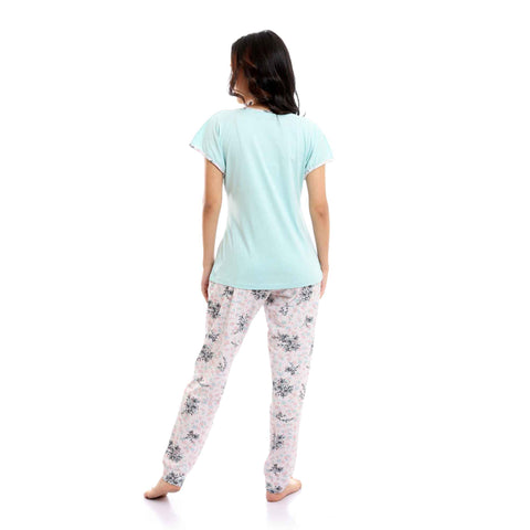 Short Sleeves Tee & Patterned Pants Pajama Set - Pastel Mint & Rose