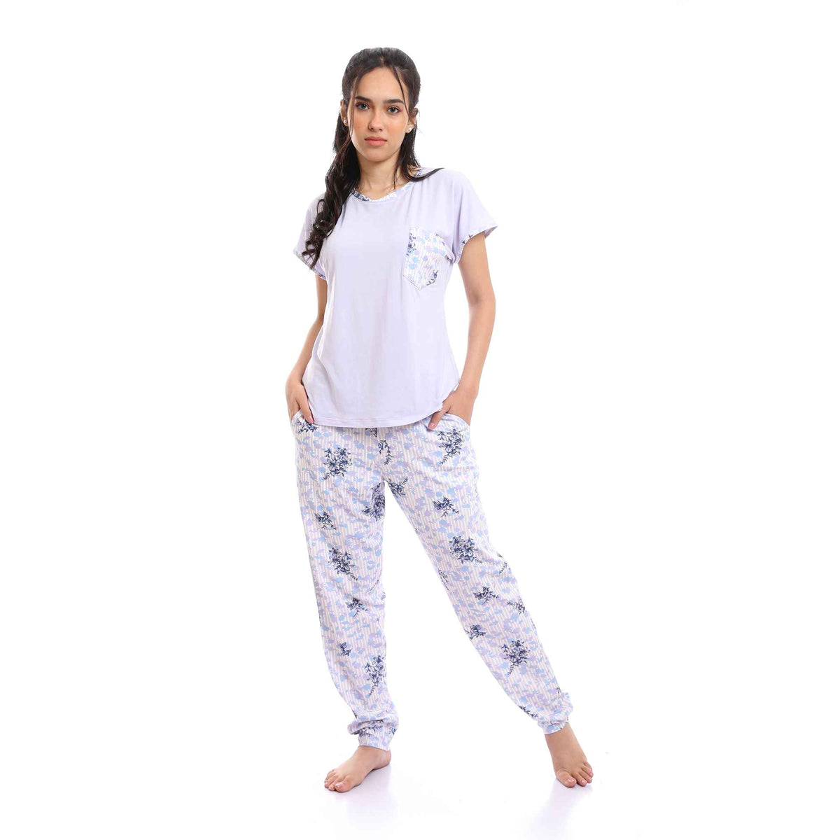 Short Sleeves Tee & Patterned Pants Pajama Set - Light Purple & Baby Blue