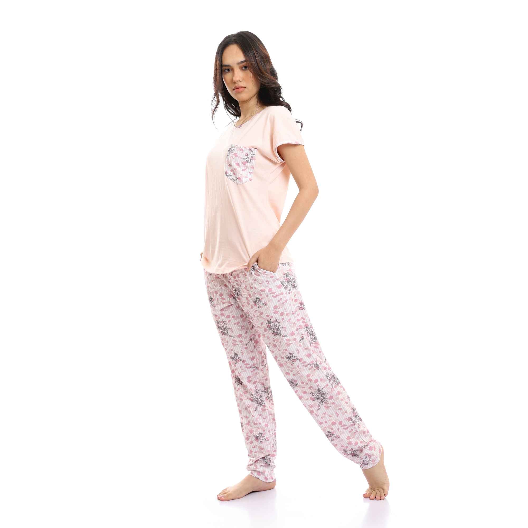 Short Sleeves Tee & Patterned Pants Pajama Set - Simon & White