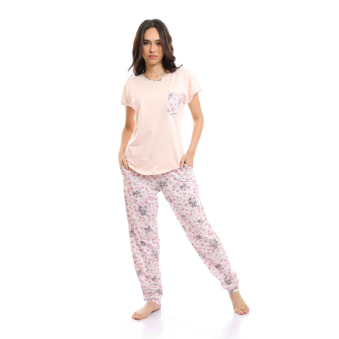 Short Sleeves Tee & Patterned Pants Pajama Set - Simon & White