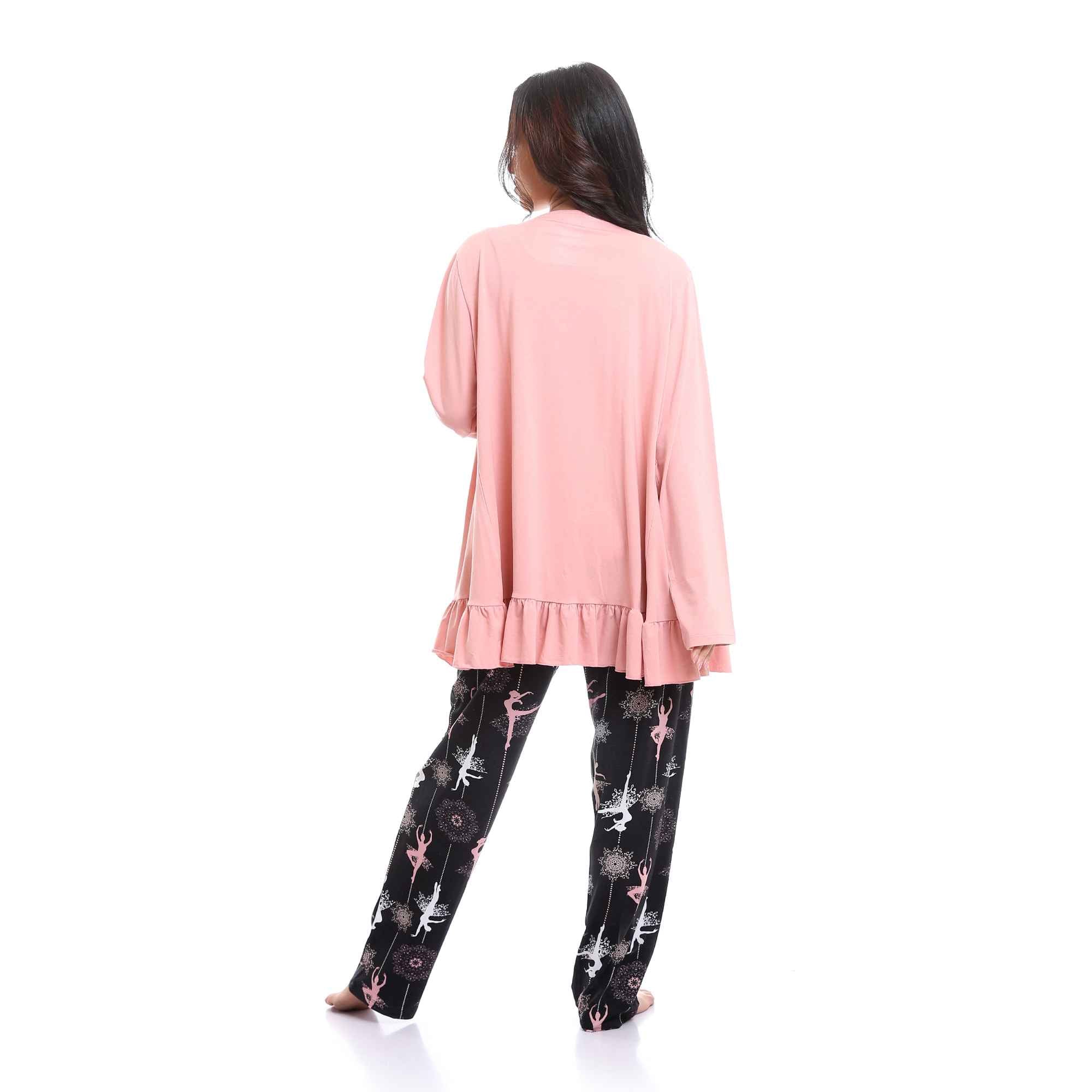 Set Of 3 Robe, Top & Pants Summer Pajama Set - Pink, White & Black