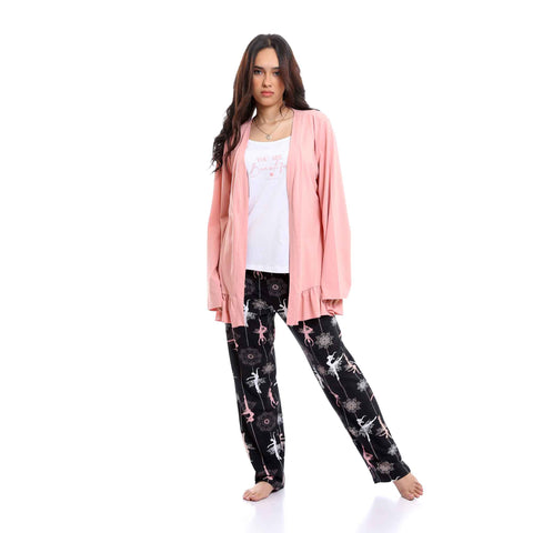 Set Of 3 Robe, Top & Pants Summer Pajama Set - Pink, White & Black