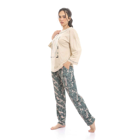 Wide Boat Neck Tee & Patterned Pants Pajama Set - Beige & Olive