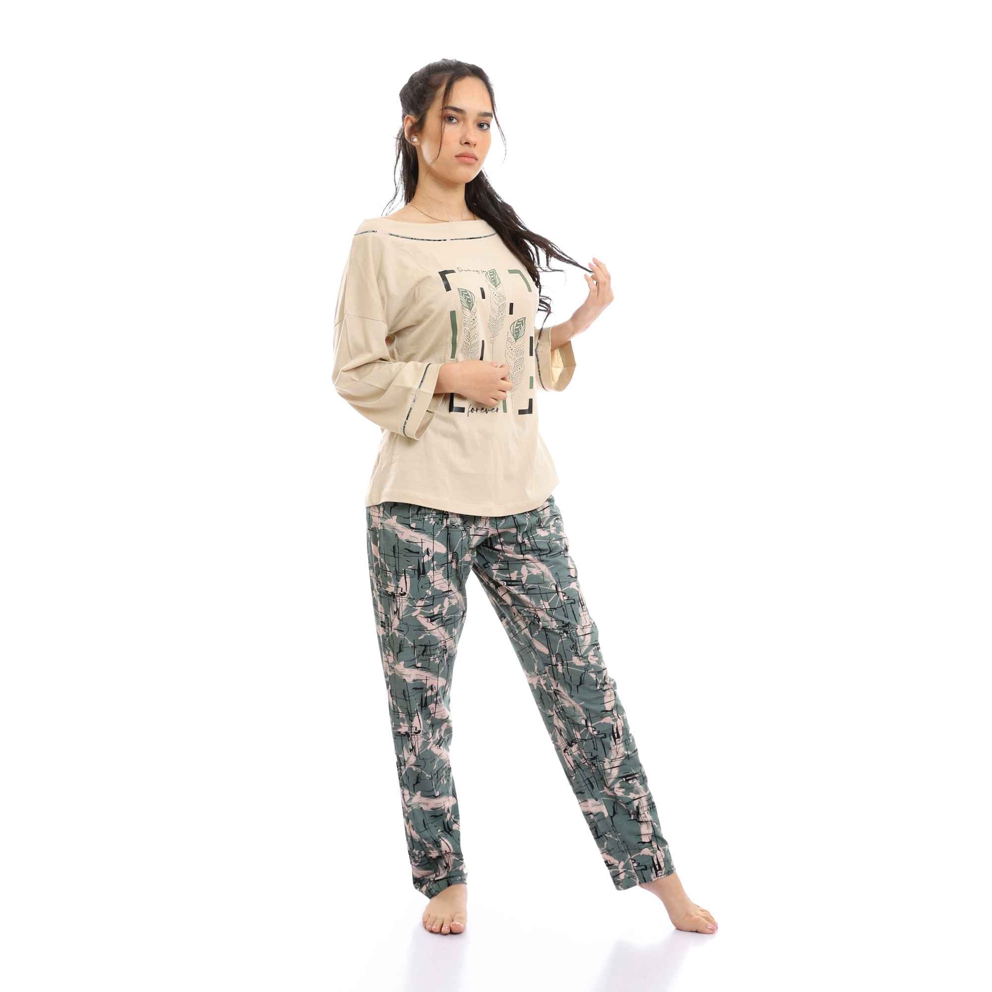 Wide Boat Neck Tee & Patterned Pants Pajama Set - Beige & Olive