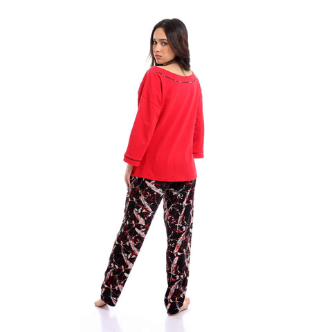 Wide Boat Neck Tee & Patterned Pants Pajama Set - Red & Black