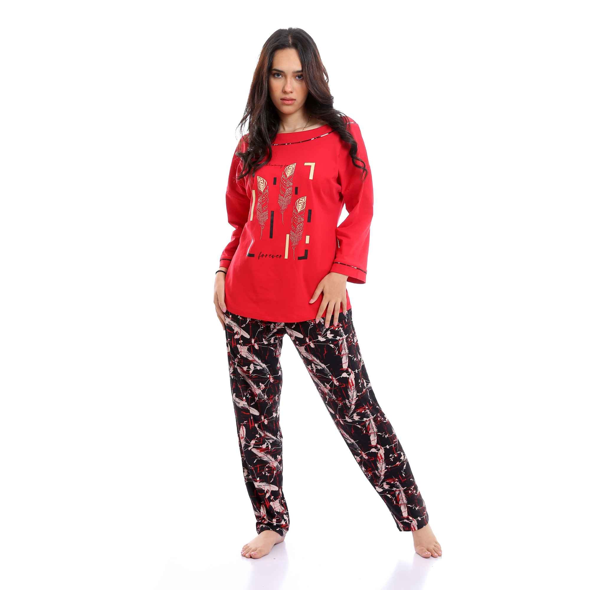 Wide Boat Neck Tee & Patterned Pants Pajama Set - Red & Black