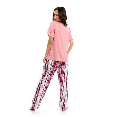 Round Neck Tee & Patterned Pants Pajama Set - Pink & White