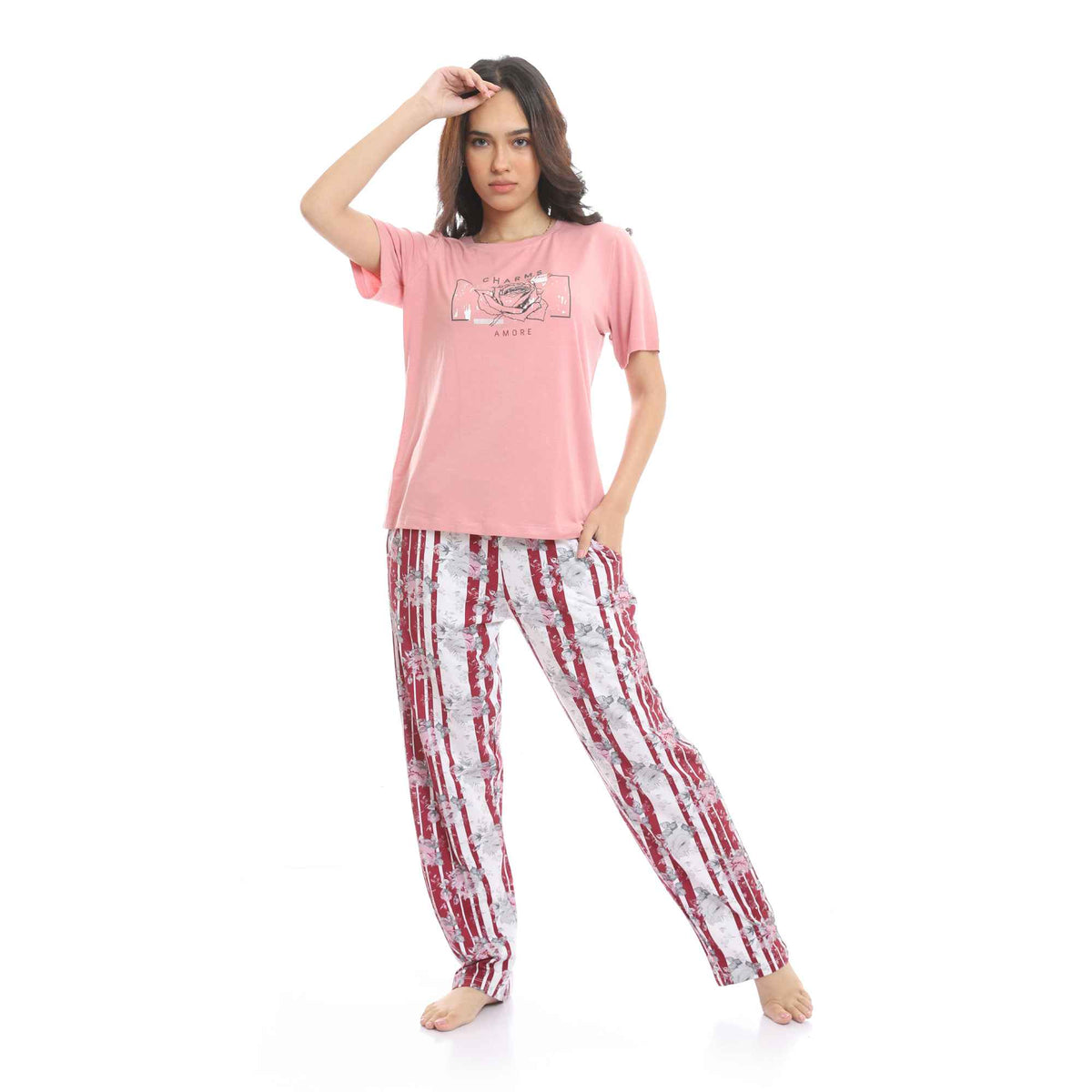Round Neck Tee & Patterned Pants Pajama Set - Pink & White