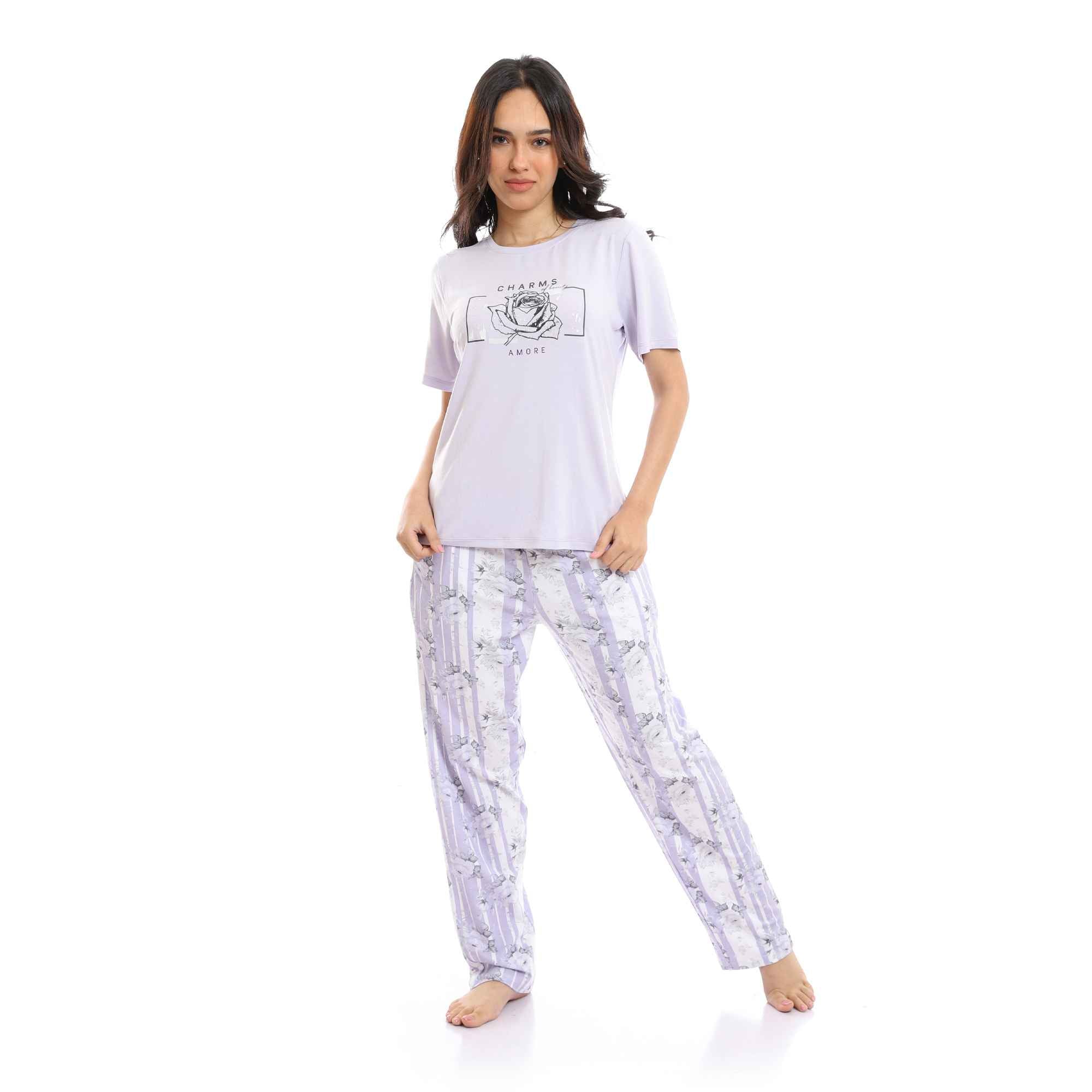 Round Neck Tee & Patterned Pants Pajama Set - Light Purple & White