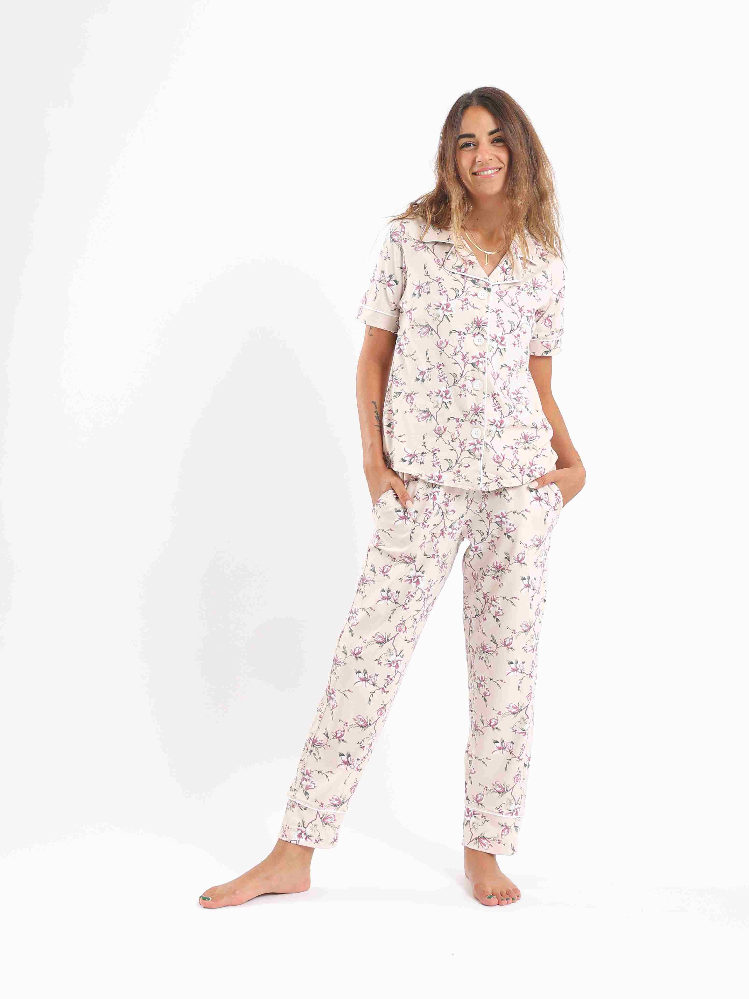 Classic Collar Floral Short Sleeves Pajama Set - Rose & Purple