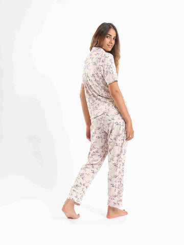 Classic Collar Floral Short Sleeves Pajama Set - Rose & Purple