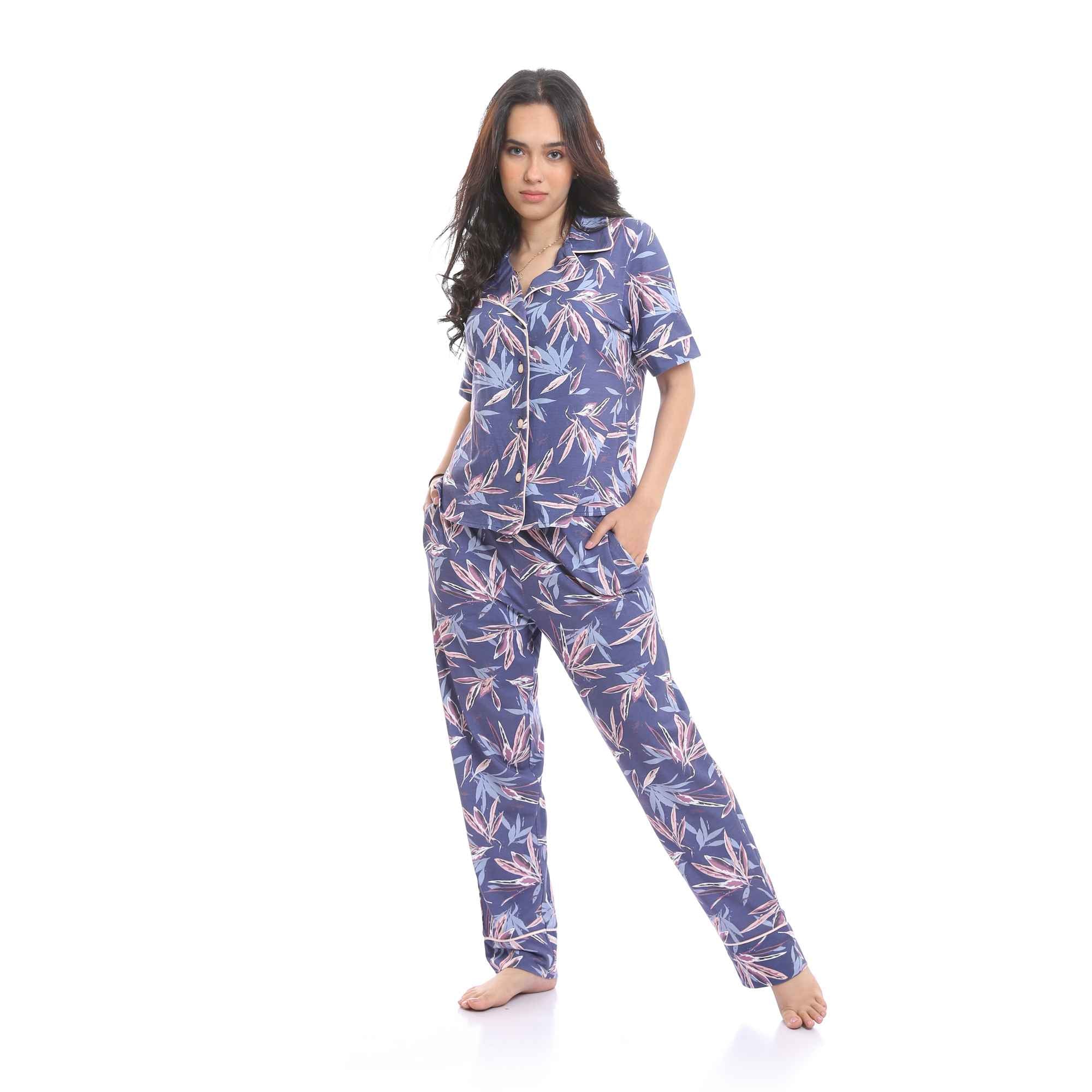 Classic Collar Patterned Short Sleeves Pajama Set - Indigo & Purple